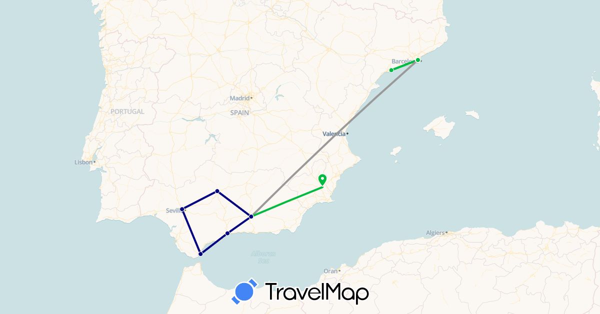 TravelMap itinerary: driving, bus, plane in Spain, Gibraltar (Europe)